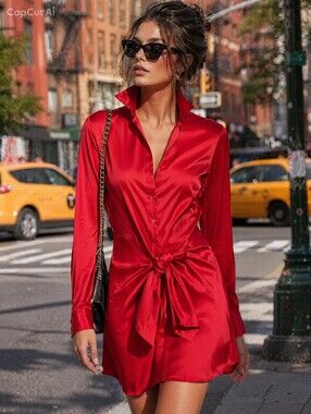 Guess Fire Engine Red Sexy Tie-Front Shirt Dress